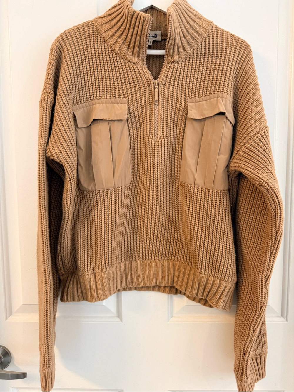 Half-Zip Waffle Knit Sweater with Chest Pockets - Camel